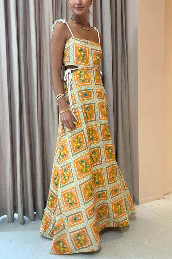 Orange Summer Printed Linen Blend Cutout Tie-up Design Maxi Dress-consonak