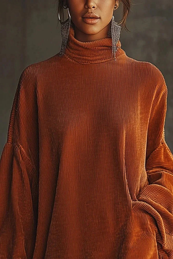 Solid Color Loose-fitting Turtleneck Long-sleeved Tassel Hem Casual Mini Dress-consonak