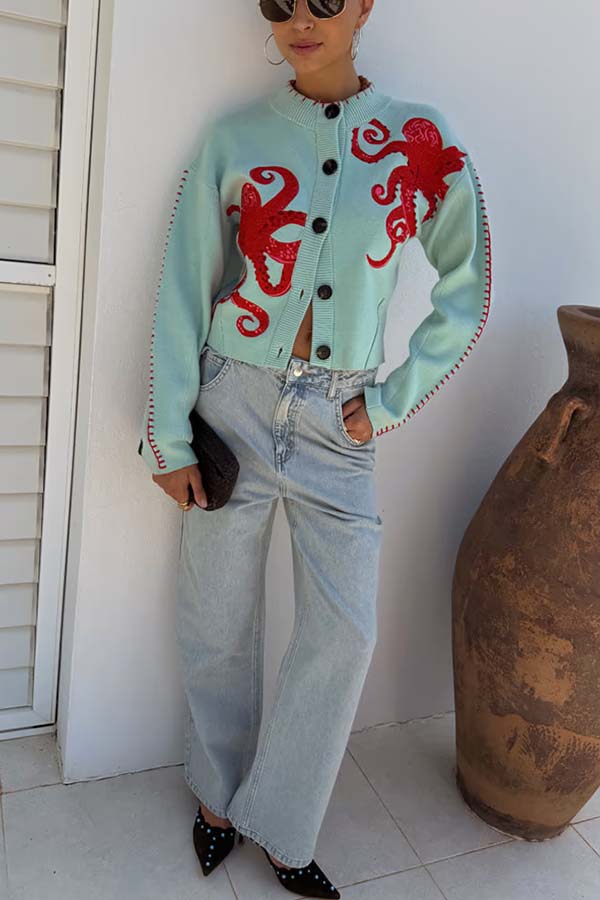 Coastal Fashion Knit Octopus Graphic Contrast Piping Button Up Loose Cardigan | Consonak