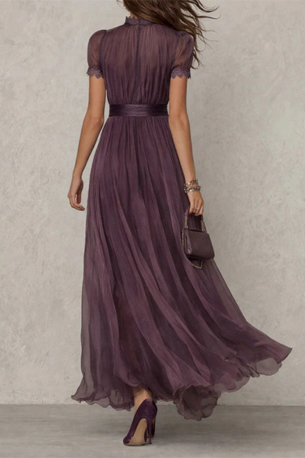 Elegant Lace Trim Keyhole Puff Sleeve Flowing Chiffon Maxi Dress-Consonak
