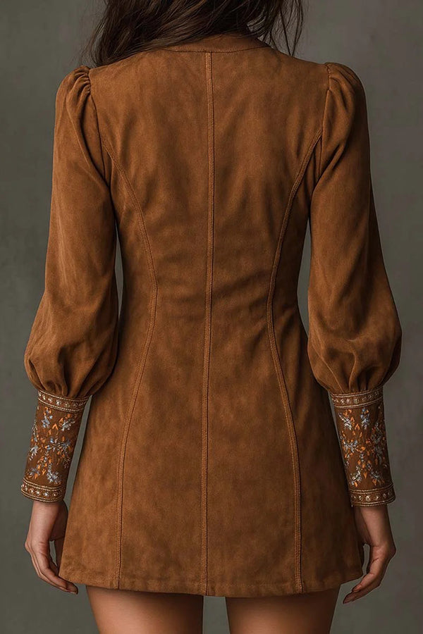 Fashionable Suede Embroidered V-neck Long-sleeved Slim-fit Mini Dress-consonak