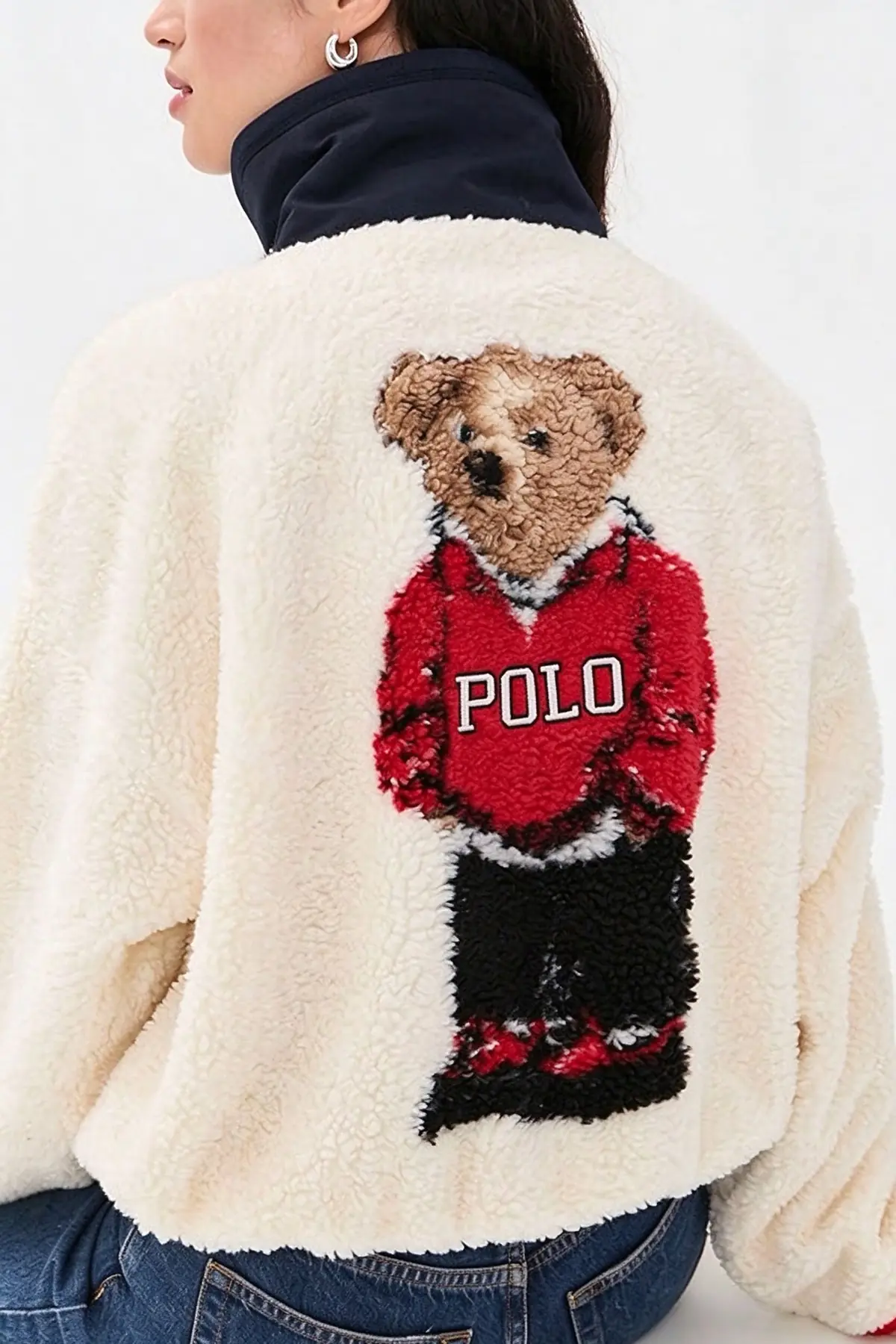 Cute Bear Print Colorblock High-Pile Fleece Zipper High Neck Long Sleeve Pocket Sweatshirts-Consonak