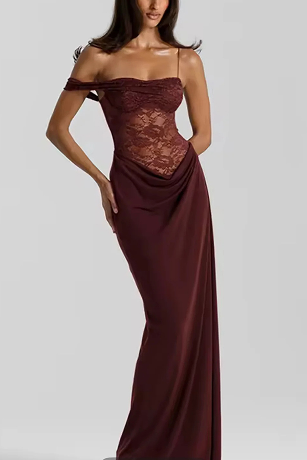 Sexy See-Through Lace Suspender Slim Slit Maxi Dress-consonak