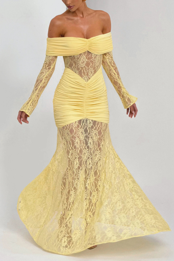 Solid Color Patchwork Lace Off-shoulder Long-sleeved Pleated Slim-fit Maxi Dress-consonak