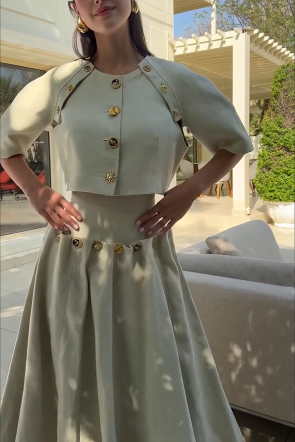 Custom Look Linen Blend Unique Metal Pattern Buttons Slit Half Sleeve Crop Jacket