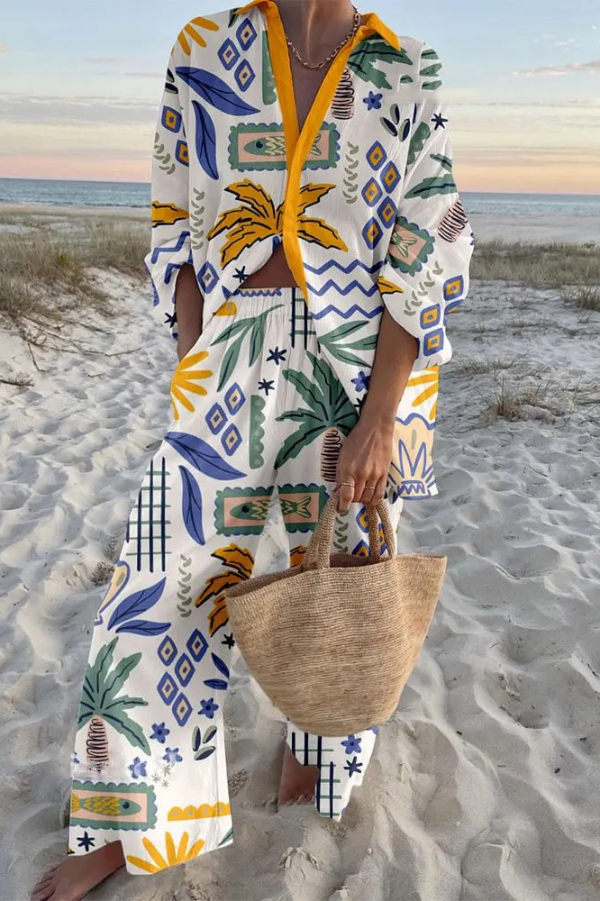 Summer Coconut Tree Print Loose Shirt and Elastic Waistband Pocket Pants Set
