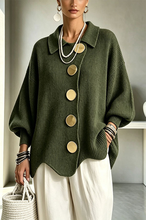 Shelia Knit Oversized Metal Buckle Balloon Sleeve Lapel Cardigan-Consonak