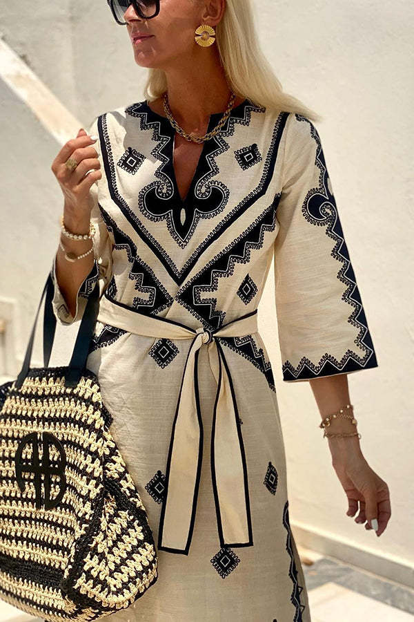 Quiet Atmosphere Linen Blend Ethnic Print Belted Midi Dress-consonak