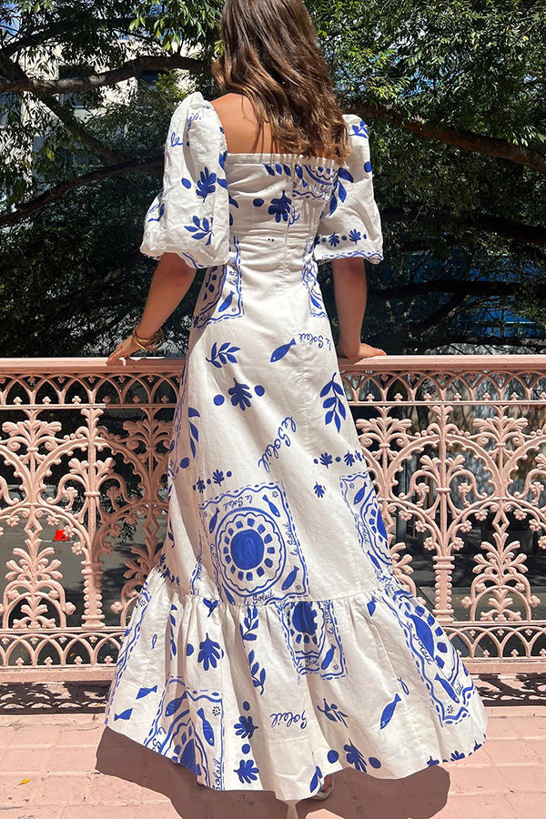 Sherbert Linen Blend Unique Print Square Neck Bubble Sleeve Maxi Dress | Consonak