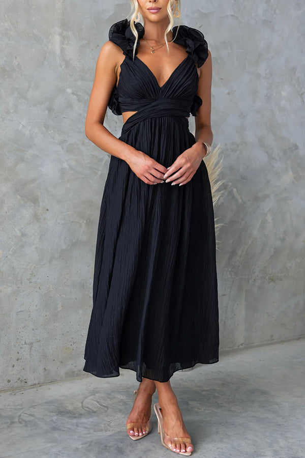 Luxe Lady Floral Ruffle Detail Back Lace-up Elastic Waist Maxi Dress | Consonak