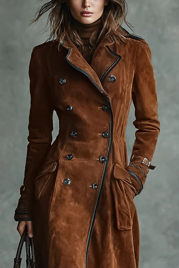 Stylish Suede Lapel Button Casual Pocket Long Trench Coat-consonak