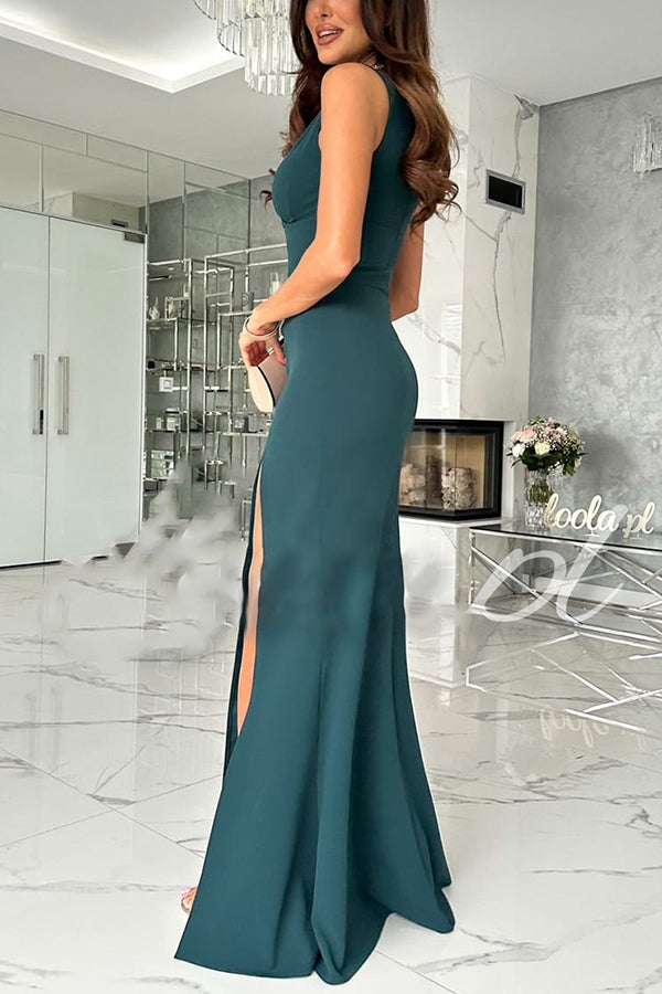 Height of Fame V-neck Ruched Slit Maxi Dress | Consonak
