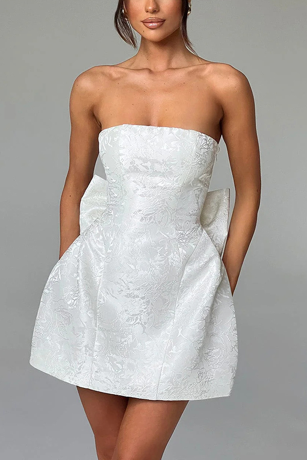 Palace Style Jacquard Fabric Off Shoulder Backless Lace-up Bow Mini Dress-consonak