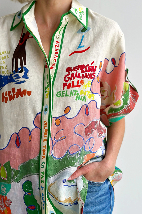 Miena Linen Blend Unique Print Short Sleeve Button Up Oversized Shirt-consonak