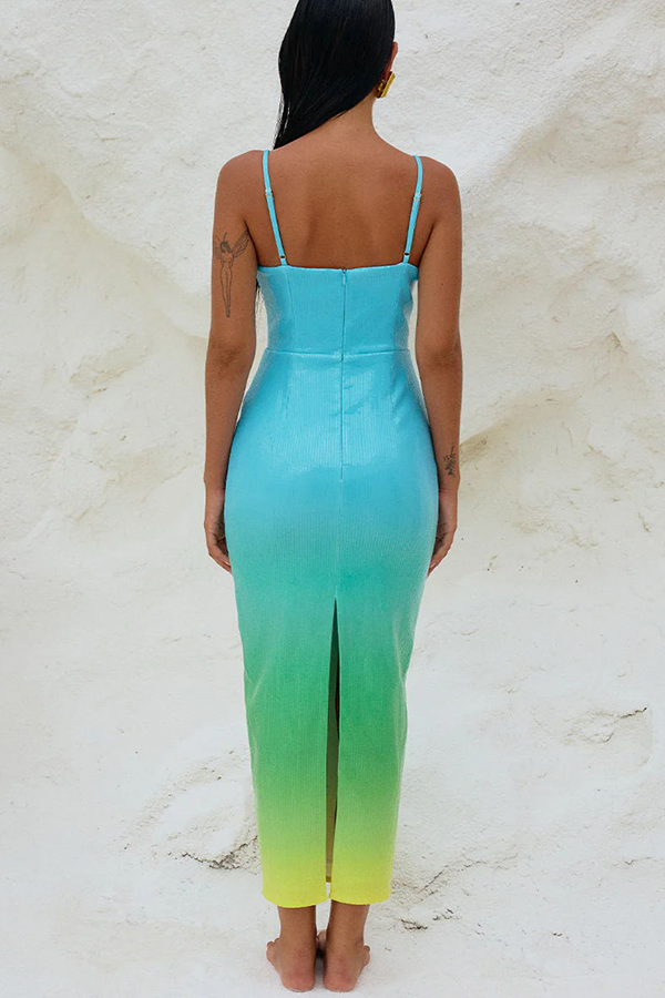 Sirene Sequin Unique Gradient Print Starfish Brooch Cutrout Slit Stretch Maxi Dress | Consonak