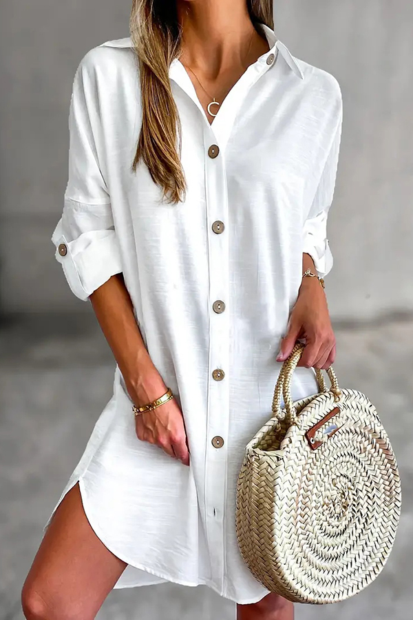 Solid Color Casual Button-Down Shirt Style Mini Dress | Consonak