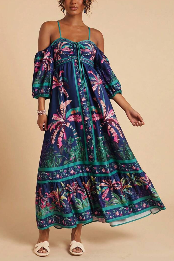 Coconut Tree Print Off-shoulder Half Sleeve Casual Vacation Maxi Dress