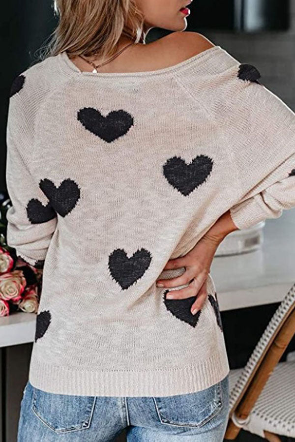 Stylish Color-blocked Heart-patterned Long-sleeved Loose Knit Sweater-consonak