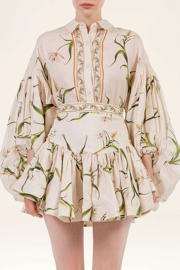 Botanical Print Puff-Sleeve Blouse & Ruffled Skirt Set-Consonak