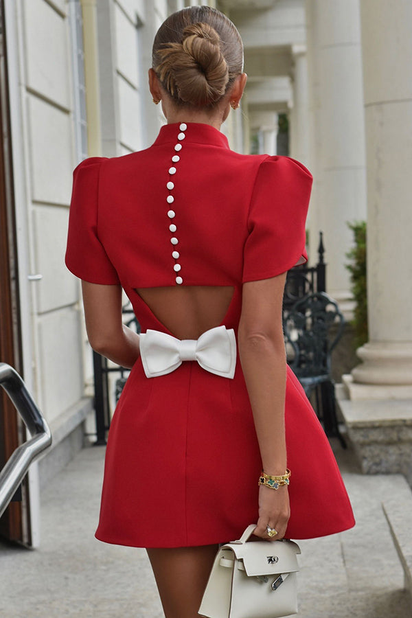 Sweet Moment Slit Short Sleeve Backless Removable Satin Bow Mini Dress | Consonak