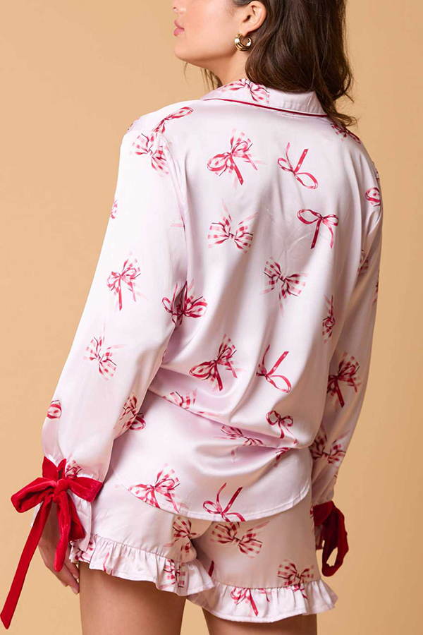 Christmas Fashion Printed Bow Tie Top and Elastic Waist Ruffle Shorts Set-consonak