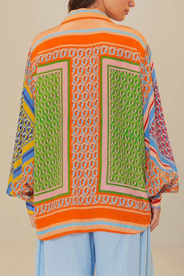 Brazil's Joyful Spirit Colorful Unique Print Balloon Sleeve Button Loose Shirt-consonak