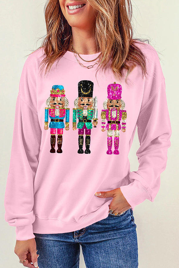 Christmas Soldier Sequin Loose Crew Neck Long Sleeve Sweatshirt-consonak