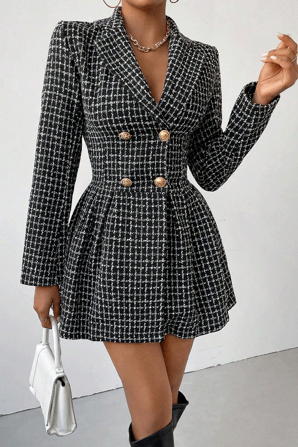 Plaid Print Lapel Long Sleeve Office Mini Dress-consonak
