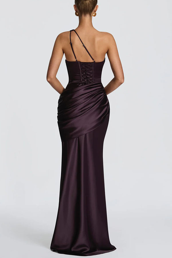 Emina Satin One Shoulder Asymmetrical Neck Cutout Back Lace-up Drape Maxi Dress | Consonak