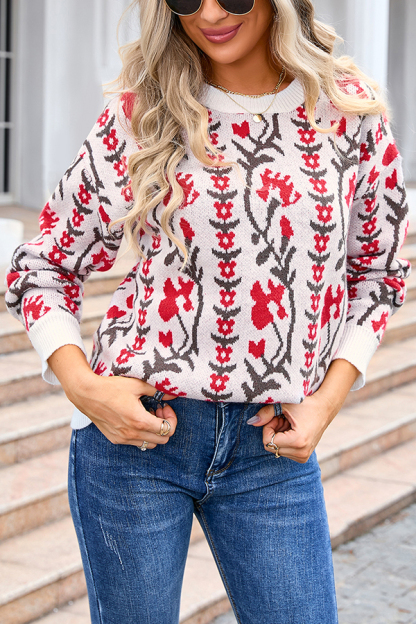 Fashionable Floral Knitted Crew Neck Casual Sweater-consonak