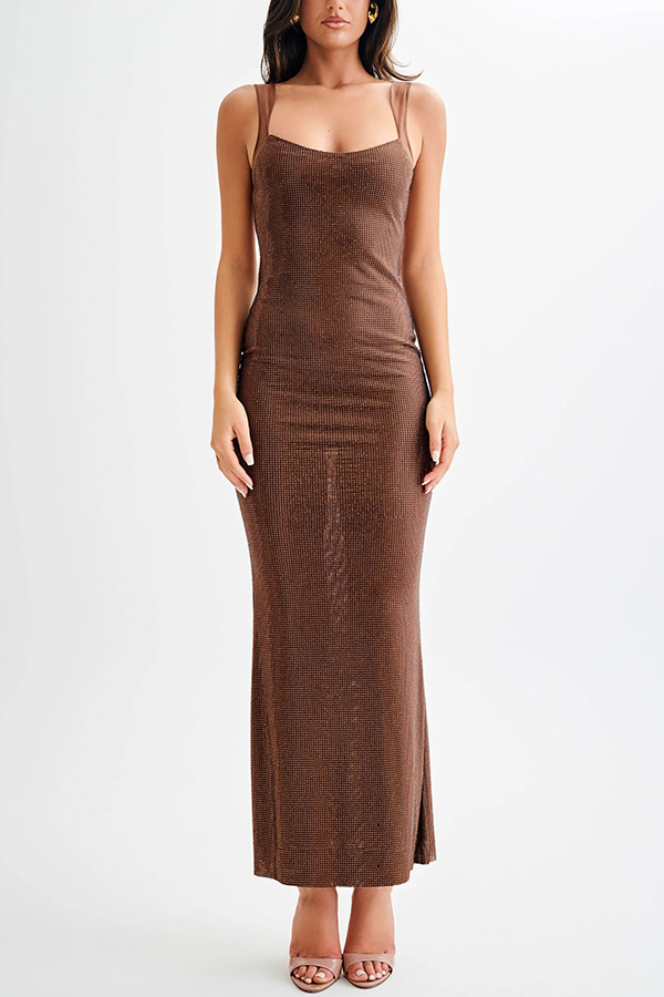 Midnight Fantasy Sequin Mesh Shoulder Strap Open Back Stretch Maxi Dress-consonak