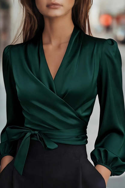 Satin V-neck Long-sleeved Casual Tie-waist Shirt-consonak