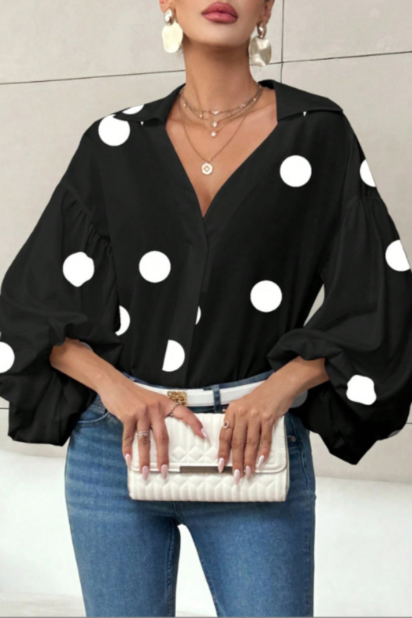 Stylish Polka Dot Print Collared Puff Sleeve Loose Shirt | Consonak