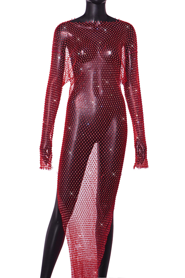 Best Layering Items Mesh Wide Neck Long Sleeve Slit Cover-up Maxi Dress-consonak