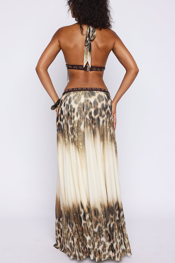 Wild Charm Gold Leopard Print Beaded Patchwork Halter Backless Maxi Dress