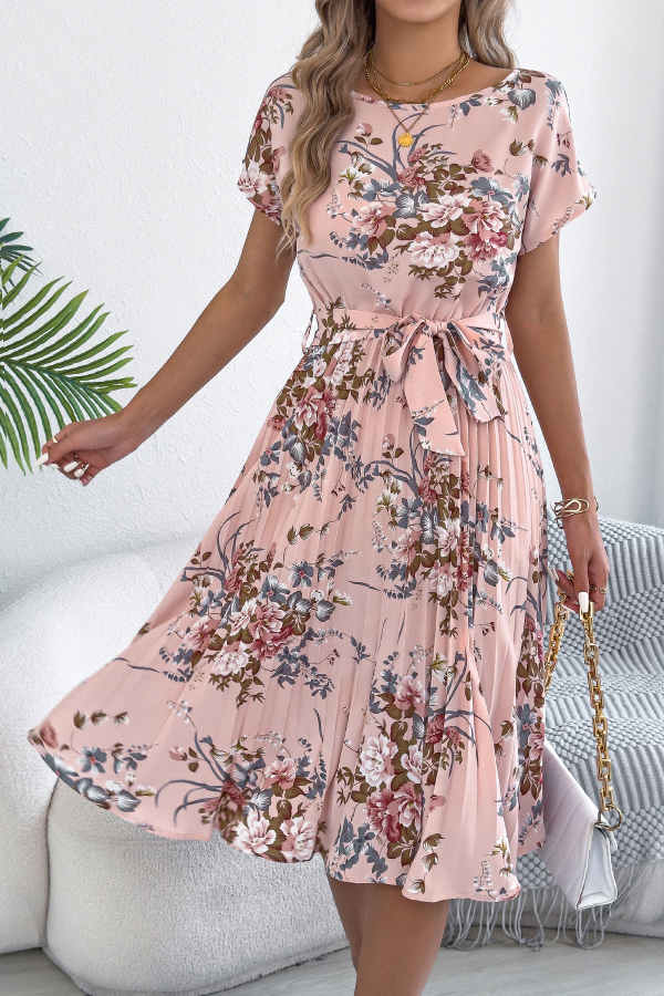 Floral Print Round Neck Fitted Waist Tie Pleated Midi Dress-consonak