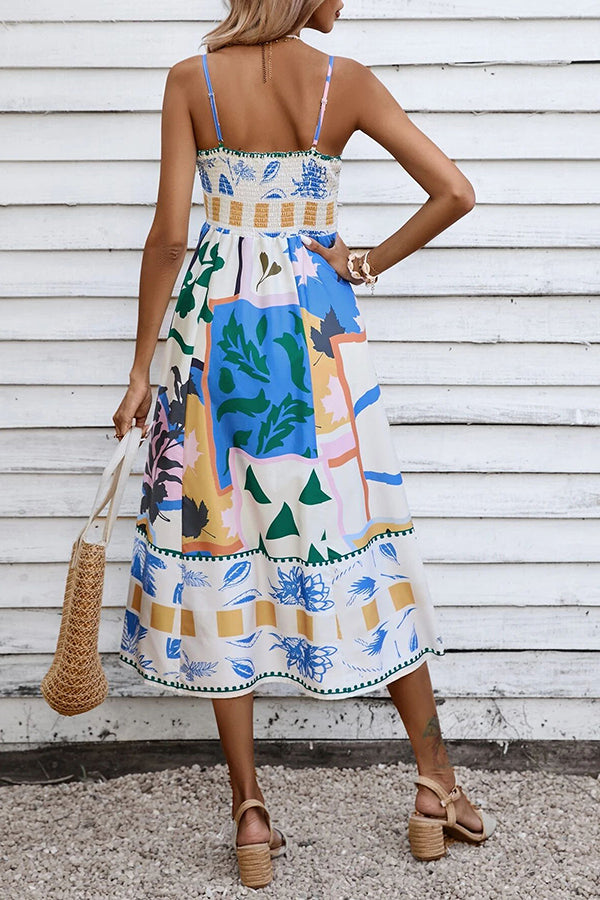 Tea Party Vibes Unique Print Pocketed Smocked Back Midi Dress-consonak