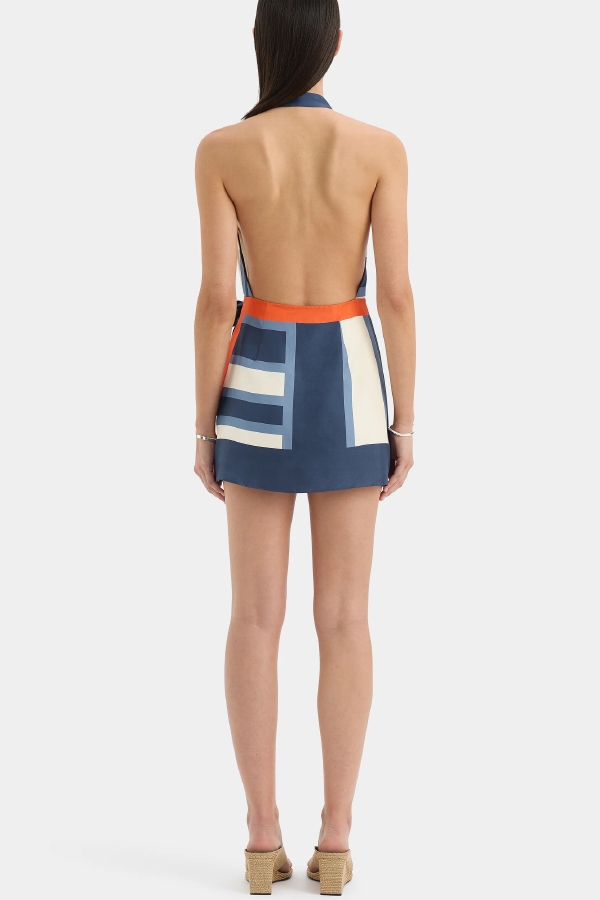 Summer Striped Print Halter Neck Backless Tie Mini Dress-consonak