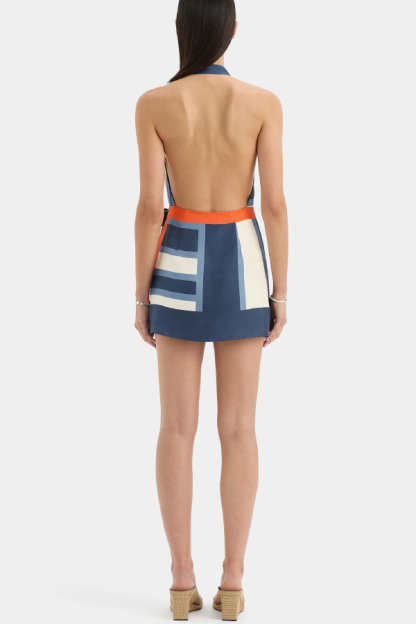 Summer Striped Print Halter Neck Backless Tie Mini Dress-consonak