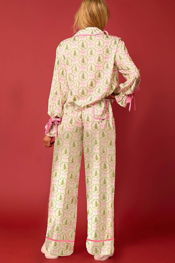Christmas Printed Velvet Lace-up Long-sleeve Pocket Top and Elastic Waist Wide-leg Pants Set-consonak