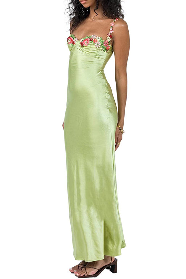 Darlin' Satin Rosette Embroidered Sweetheart Neckline Midi Dress-consonak