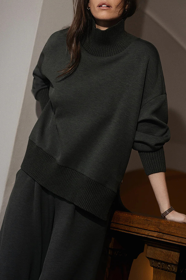 Barker High-Neck Long Sleeve Side Zipper Sweatshirt and Elastic Waist Pocketed Loose Pants Set-consonak