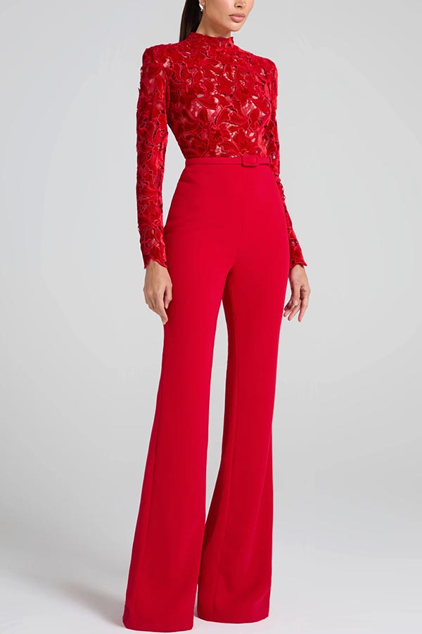 Eleanor Embroidered Floral Lace Long Sleeve Patchwork Belt Flare Jumpsuit | Consonak