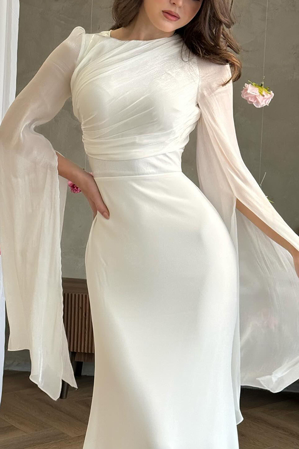 Liora Ruched Organza and Satin Patchwork Design Long Bell Slit Sleeve Maxi Dress-consonak