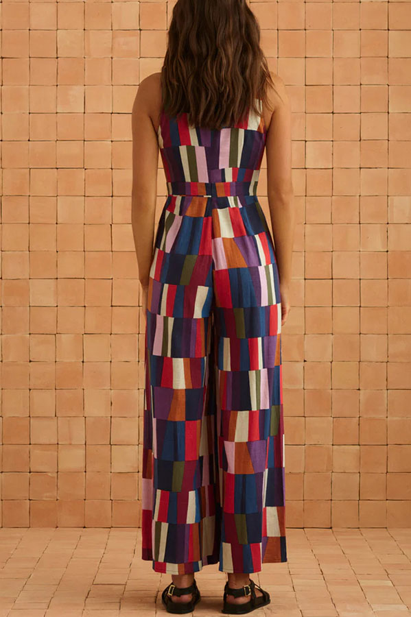 Retro Chic Linen Blend Colorful Color Block Front Waist Tie Detail Sleeveless Wide Leg Jumpsuit-consonak
