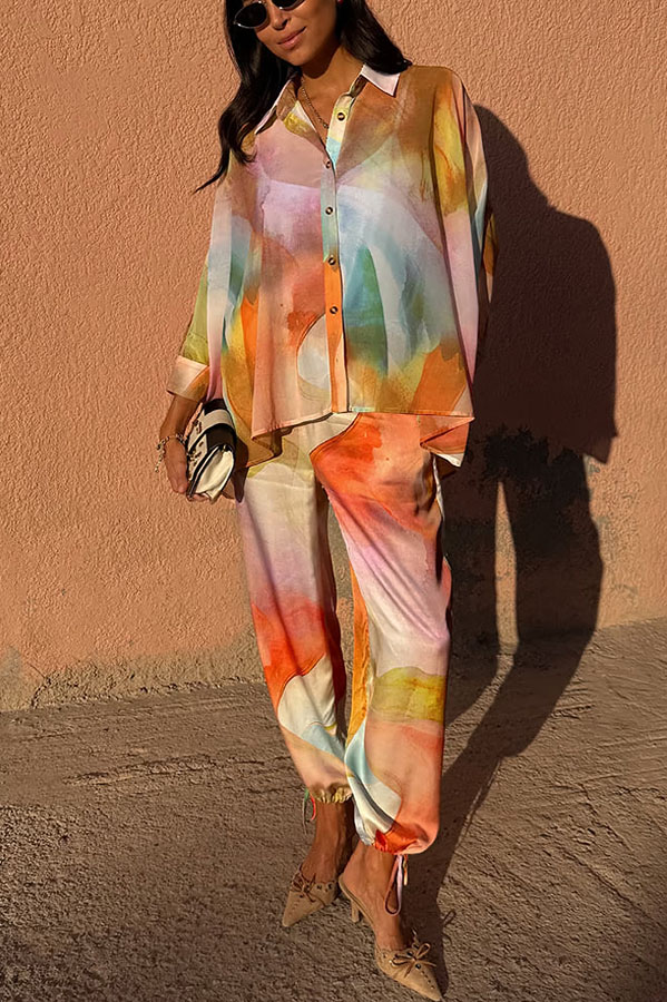 Vacation View Colorful Abstract Print Button Long Batwing Sleeve Oversized Blouse-consonak