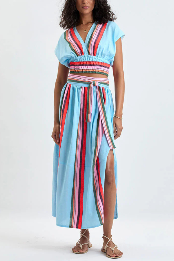 Stylish Striped Print V-neck Cropped Top and Elastic Waist Casual Maxi Skirt Set-consonak