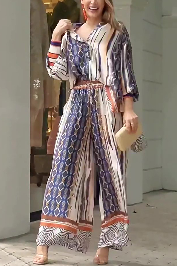 Unique Printed Long-sleeved Shirt Top and Elasticated Waist and Loose Pocket Pants Set-consonak