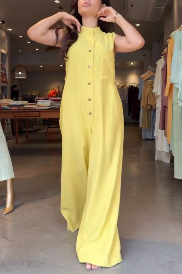 Linen Blend Solid Color Sleeveless Casual Button Loose Wide-leg Jumpsuit