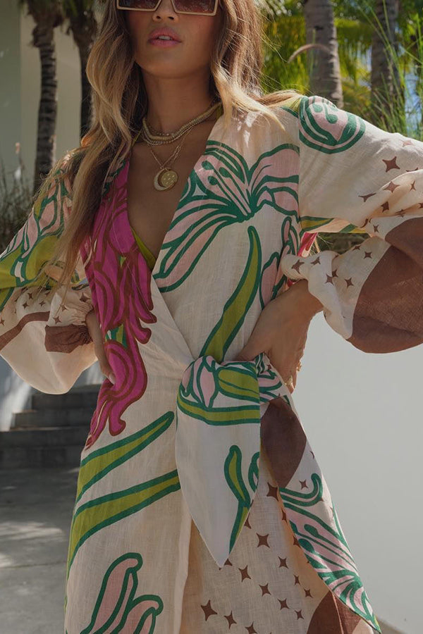 Tracey Linen Blend Unique Print Balloon Sleeve Tie-up Tunic Maxi Dress | Consonak